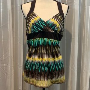 Summer top. Brown/turquoise/yellow. 14